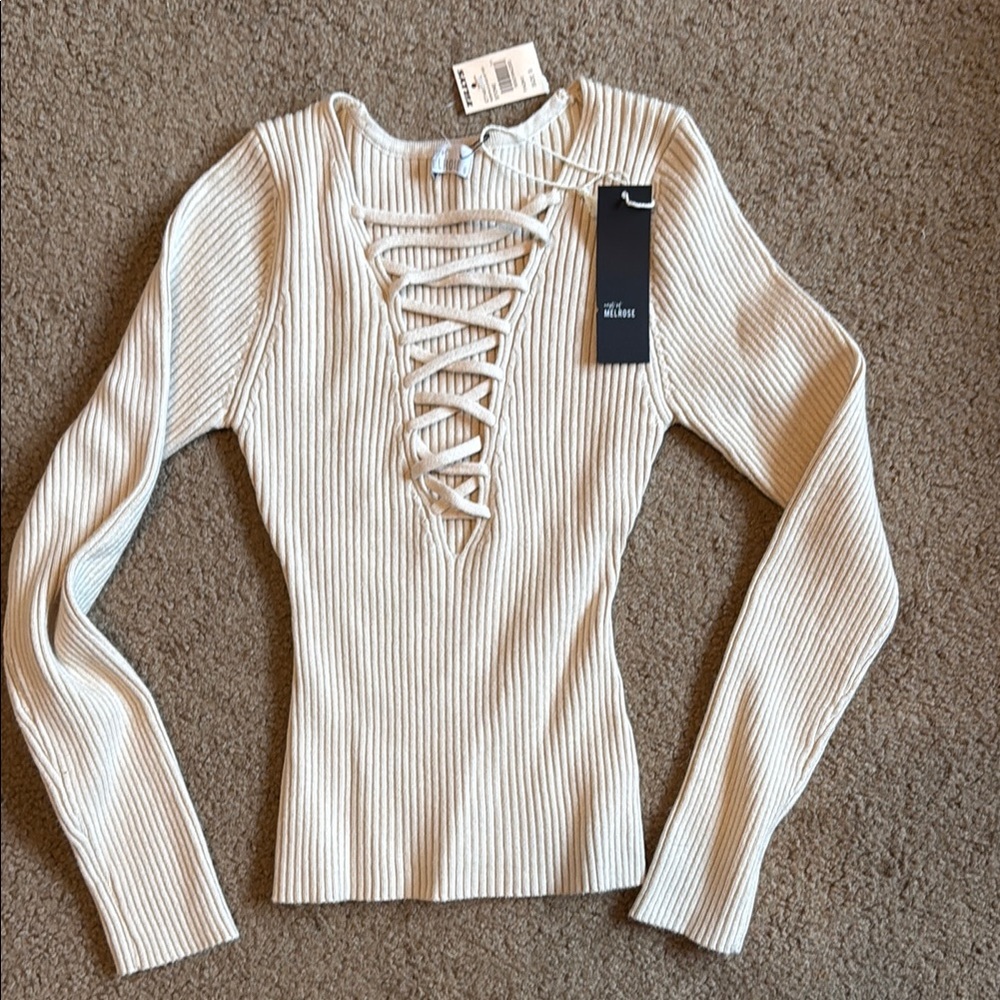 Cream Lace-Up Ribbed Top